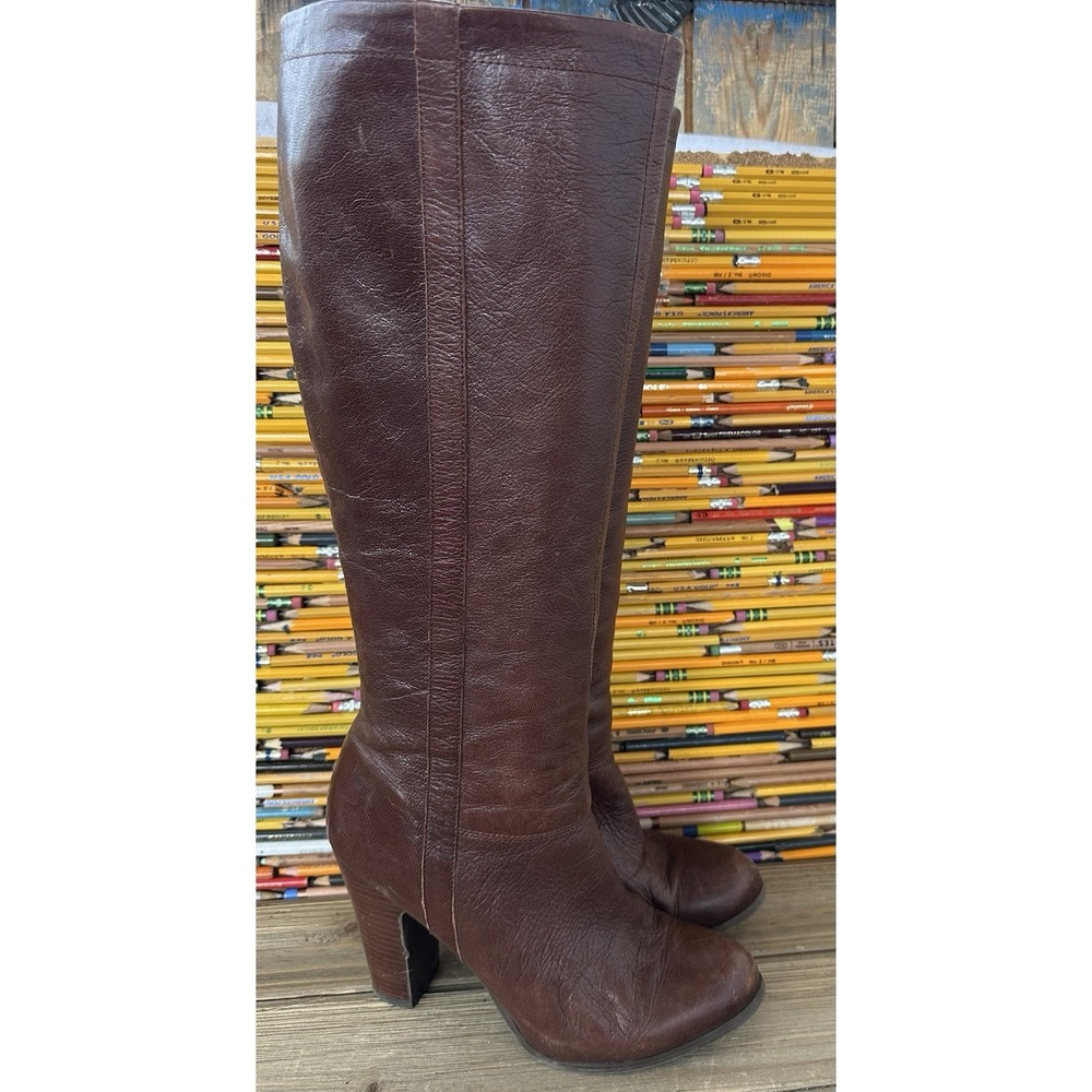 Nine West Tall Heeled Boots Retro Leather Womens 6.5 Brown Excellent